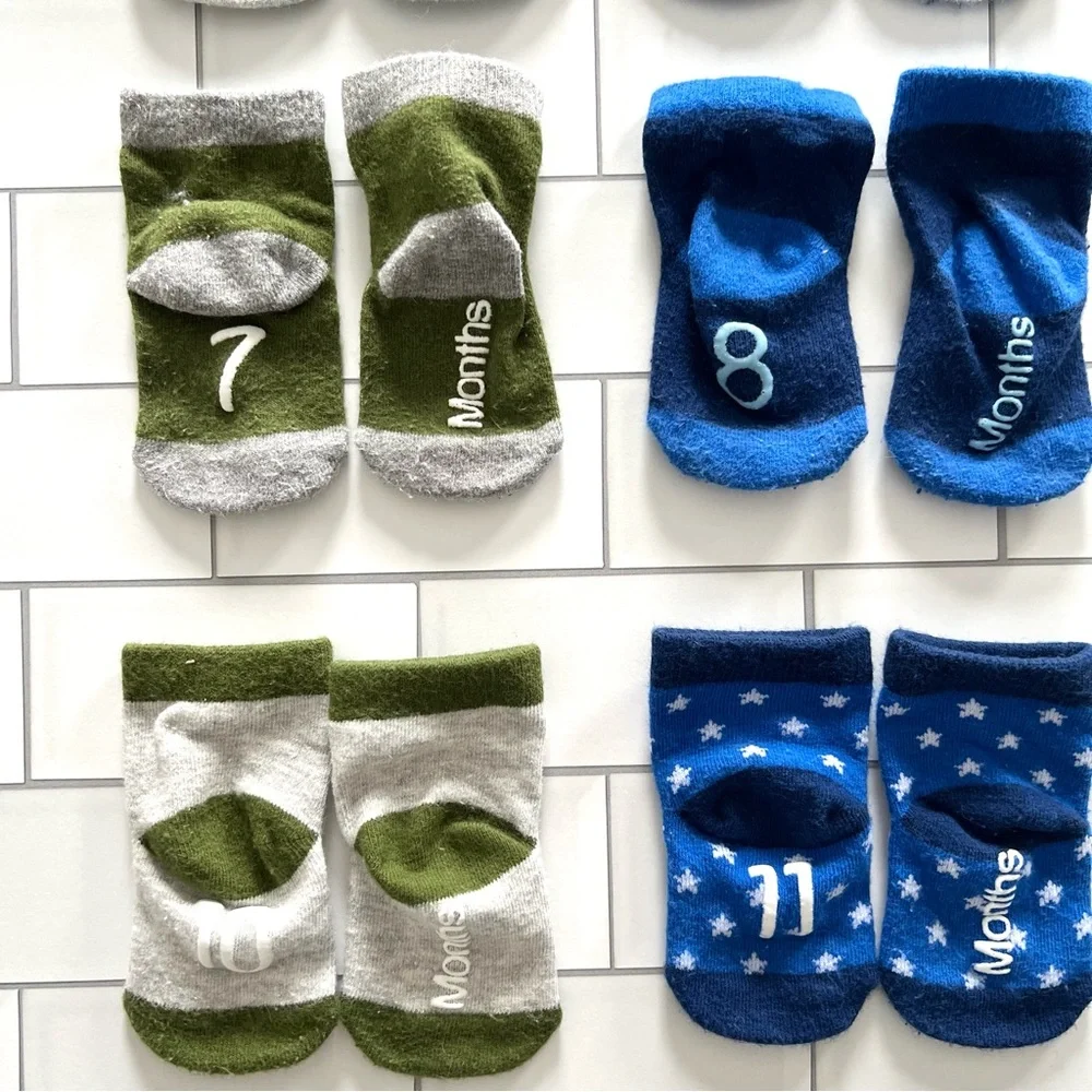 0-12M💙 Calvin Klein Milestone Baby 12 Month Socks w/ Grips Blue Gray Stars